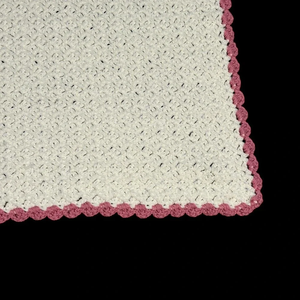 Handmade Crochet Baby Afghan Blanket Cream‎ Pink Scallop Edge 37x27